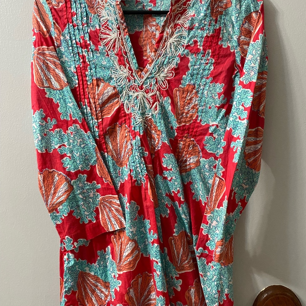 Lilly Pulitzer Sarasota Coral/Turquoise seashell-printed beaded tunic blouse